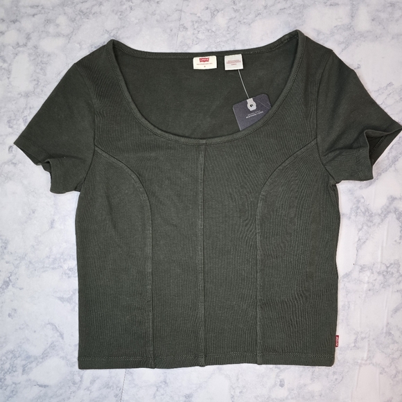 Levi's Mars Corset T-shirt Small Green Crop Top Shortsleeve - Picture 2 of 12